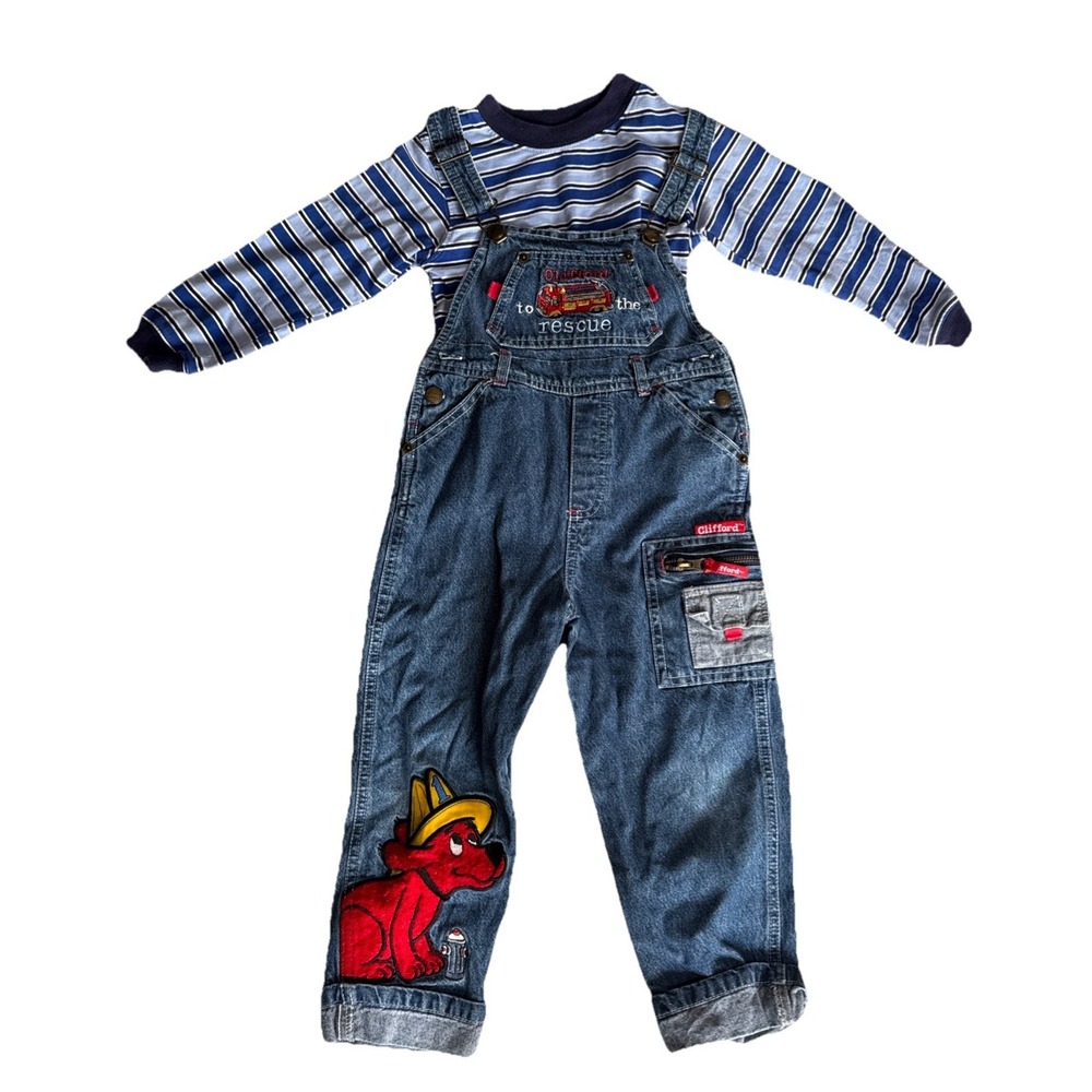 Vintage Kids Clifford The Big Red Dog Denim Overalls&Long Sleeve Rare 4T 90s Y2k